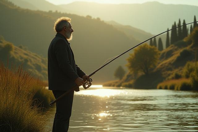 Alessandro Rossi, il fondatore di Pescatore Rinascita, pesca in un sereno paesaggio toscano con elementi che richiamano l'arte rinascimentale.