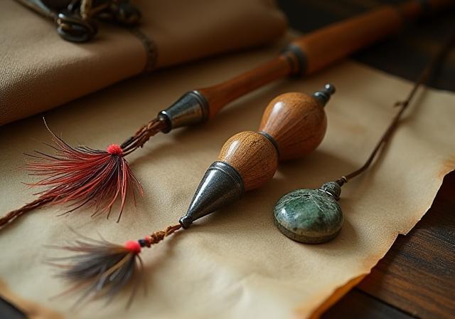 Dettaglio di attrezzatura da pesca artigianale e mosche artificiali, stile rinascimentale.