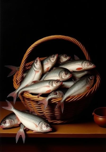 Cesta di pesce fresco in una natura morta rinascimentale.