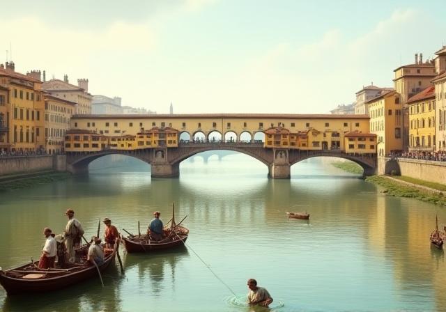 Pescatori sul fiume Arno con Ponte Vecchio sullo sfondo, stile rinascimentale.