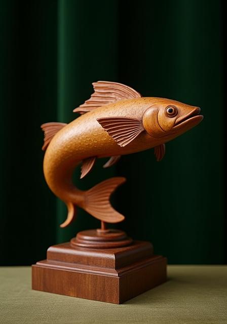 Trofeo di pesce in legno intagliato a mano, con dettagli artistici e sfondo rinascimentale.