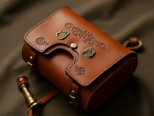 Accessorio da pesca in cuoio artigianale con dettagli in ottone e incisioni.