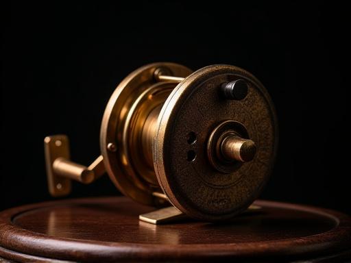 Mulinello da pesca di lusso, color bronzo antico, su una superficie scura.
