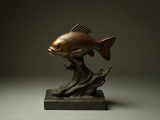 Piccola scultura in bronzo di un pesce che salta, con base ornata.