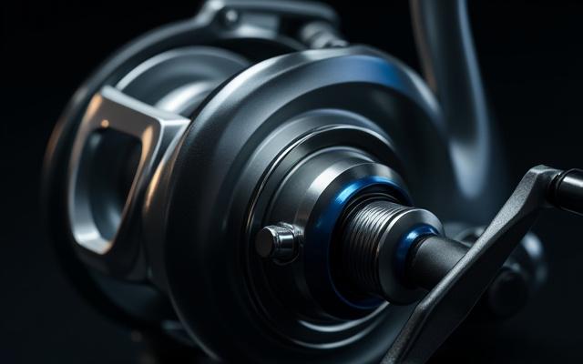 Dettaglio di un mulinello da pesca di alta qualità, lucido e robusto.