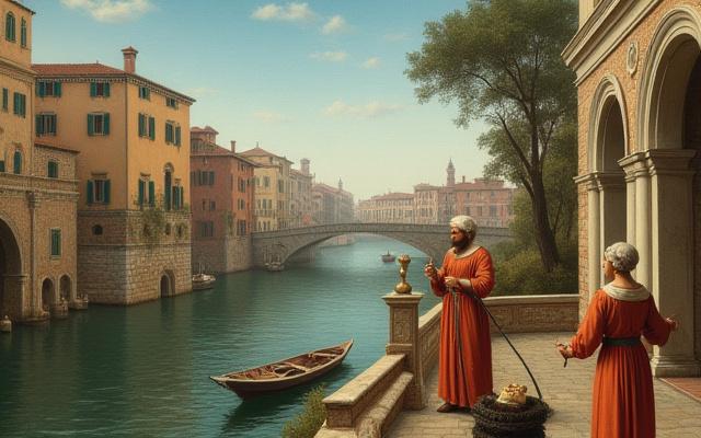 Dipinto in stile rinascimentale raffigurante pescatori su un lago, con dettagli architettonici italiani sullo sfondo.