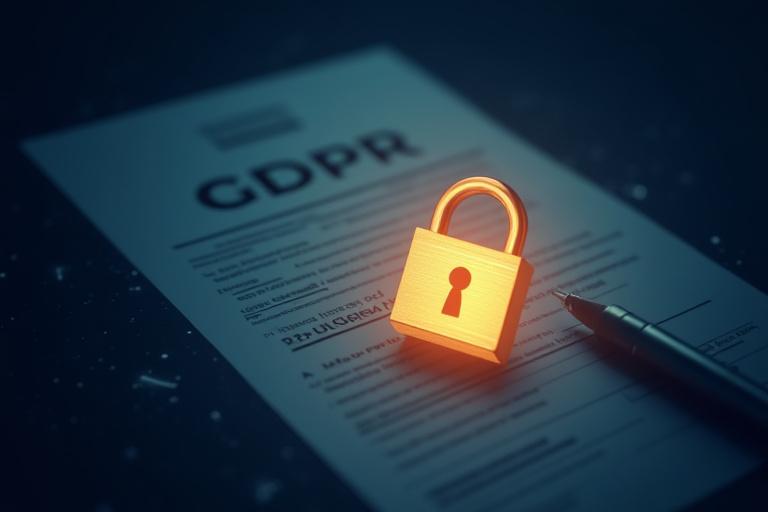 Un documento legale stilizzato con un lucchetto, simbolo di protezione dei dati e conformità GDPR.